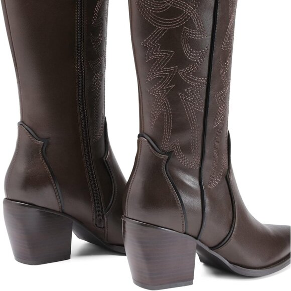 DREAM PAIRS Womens Brown  Cowboy Boots Wide Calf Knee High Boots Ladies - Picture 6 of 8